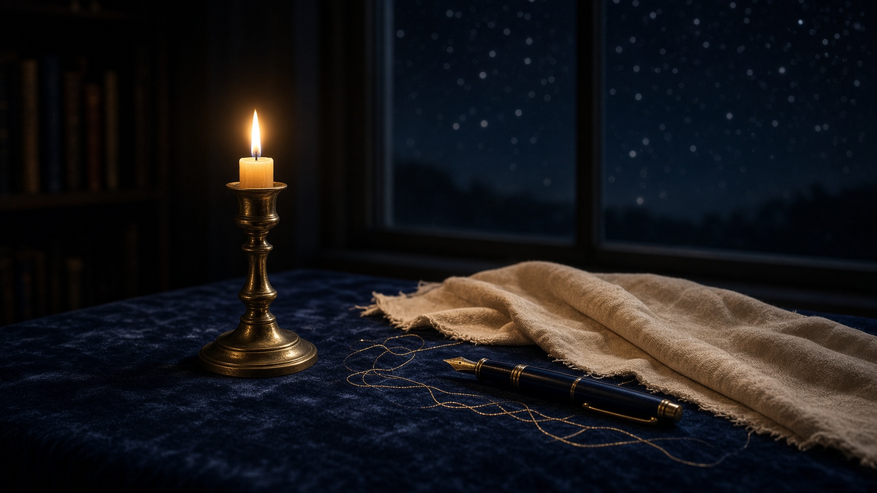 A single candle burning in the quiet study where H works